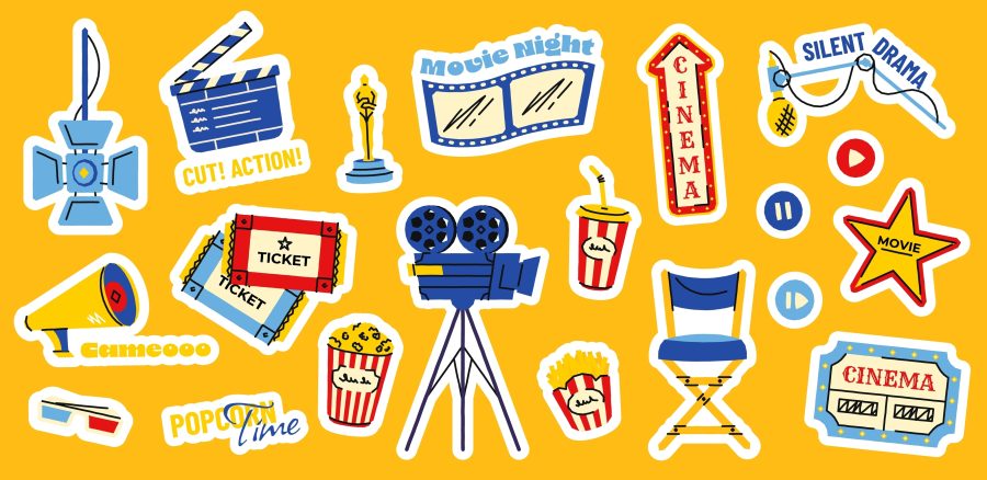 Movie,Stickers.,Cartoon,Cinema,Elements,With,Film,Tape,Popcorn,Camera